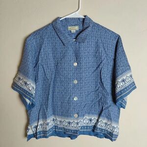 Tommy Bahama Silk Blouse Womens Large Blue Pattern Button Up Short Sleeve NWOT